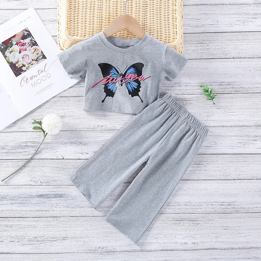 

Baby Girl Clothes Girls Suit 2021 Summer New Girl Butterfly Print Short-Sleeved T-Shirt + Trousers