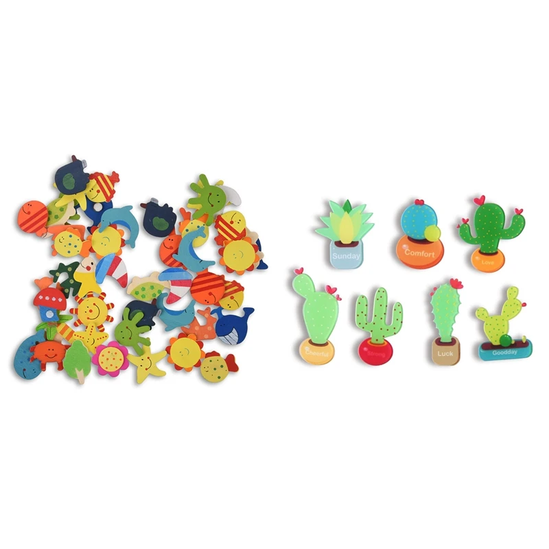

55Pcs Coloured Wooden Magnets Drawing Anime for Children & Cactus