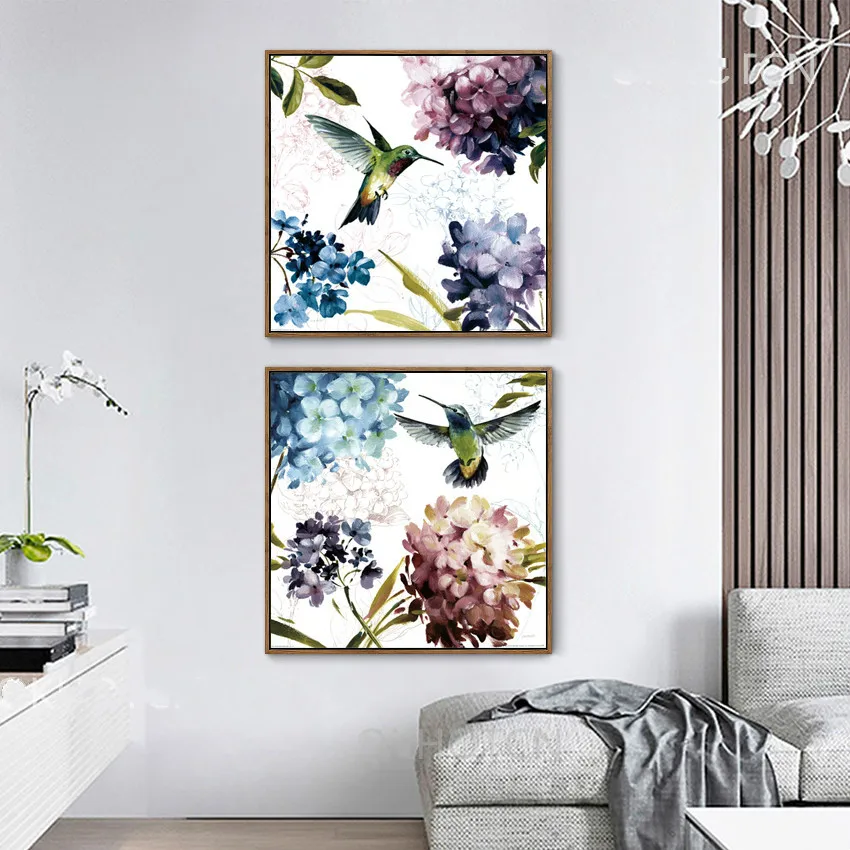 Цветной постер гортензии и птиц настенная живопись для дома гостиной настенное