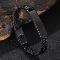 trendy black accessories stainless steel genuine leather bracelet men adjustable length bangle gifts