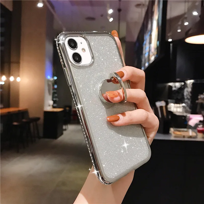 glitter diamond case for iphone 12 pro 11 x xs max xr 7 8 plus 6 6s se 2020 bling soft case with finger ring kickstand cover free global shipping