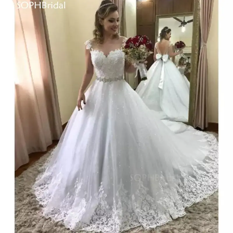 

New Arrival Elegant O Neck Wedding Dresses Lace Appliques Crystal A Line Wedding Gowns Vestido De Noiva Backless Sashes Shiny