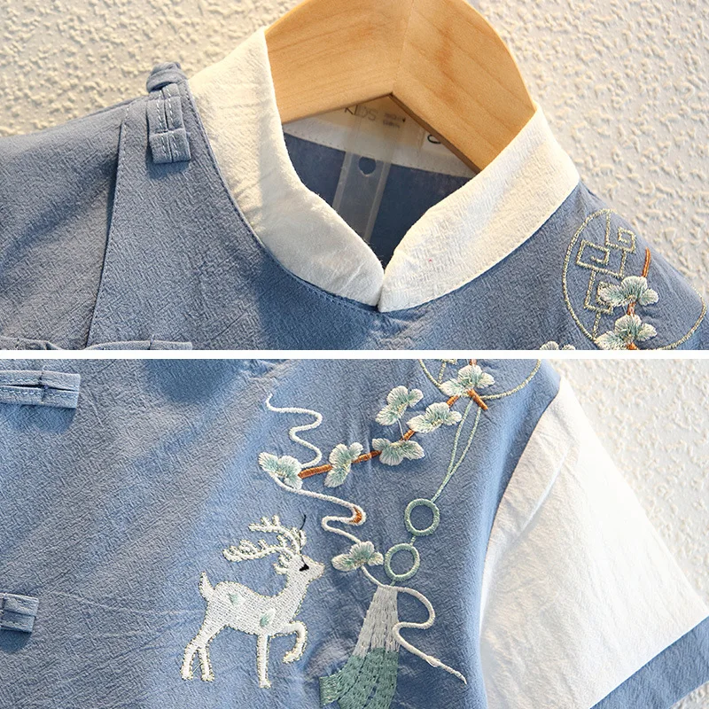 Летний костюм Hanfu в китайском стиле ретро с коротким рукавом для мальчиков летний