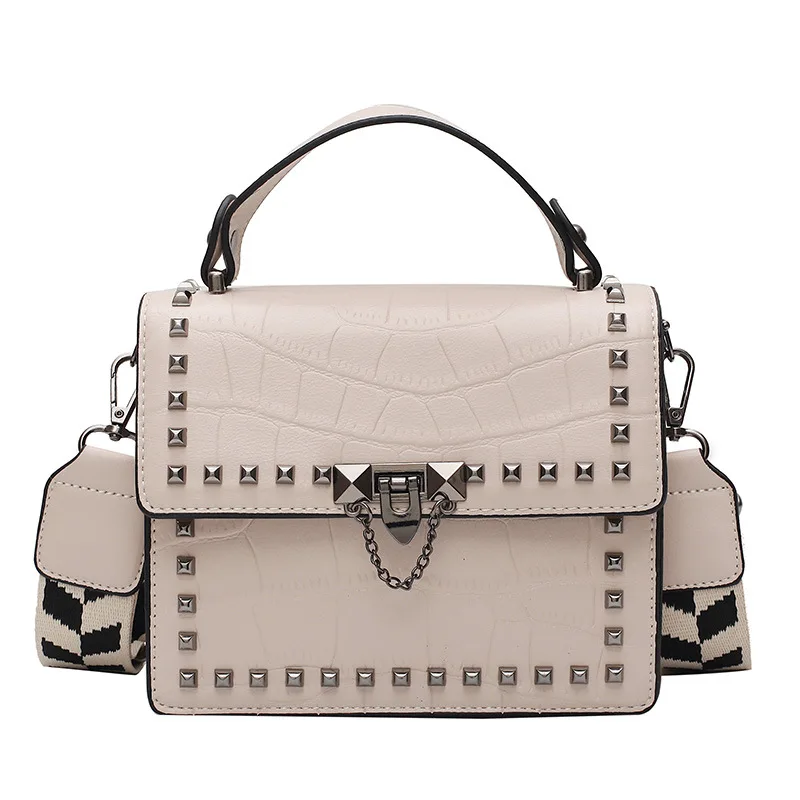 

Rivet Shoulder Messenger Bag for Women Solid Color PU Leather Autumn Winter Purses and Handbags Lady Wide Strap Single Bags Sac