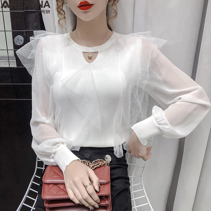 Женский свитер с рукавами-фонариками элегантный вязаный пуловер сетчатыми