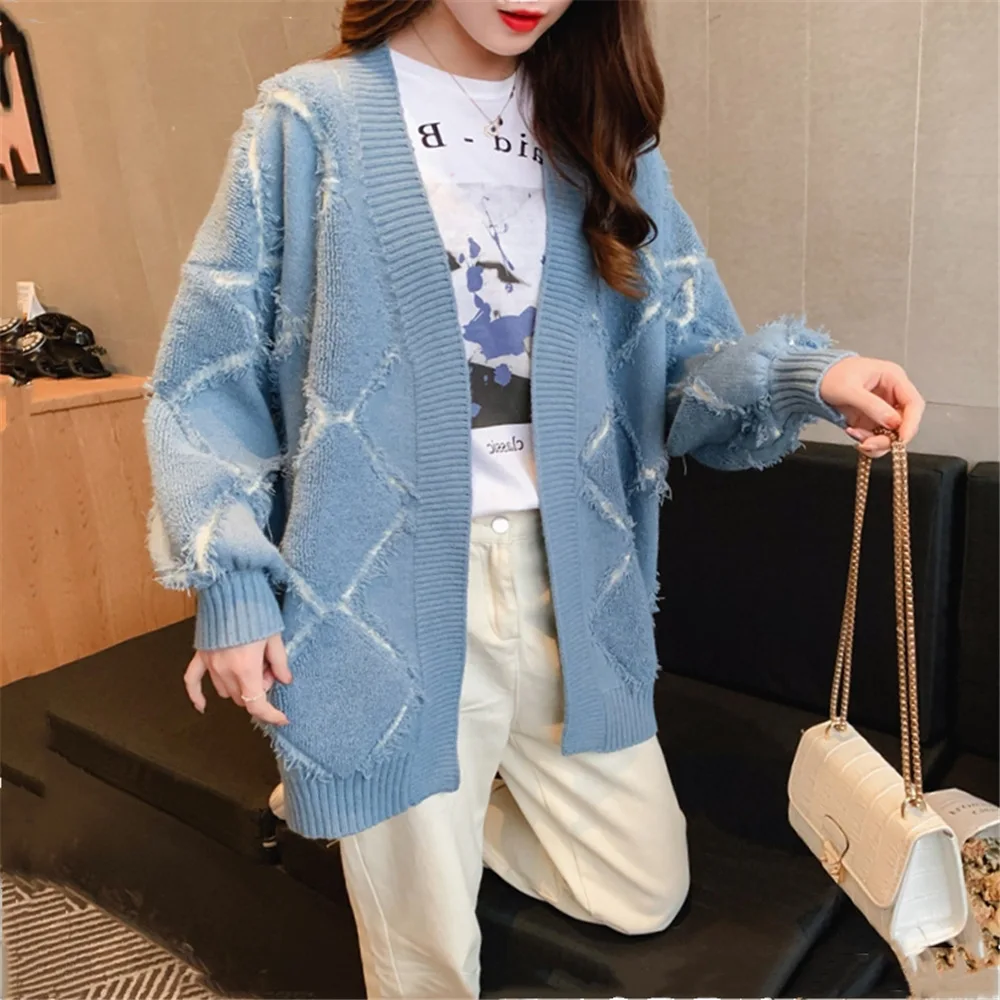 Свободный женский свитер кардиган на весну и осень милый толстый вязаный с