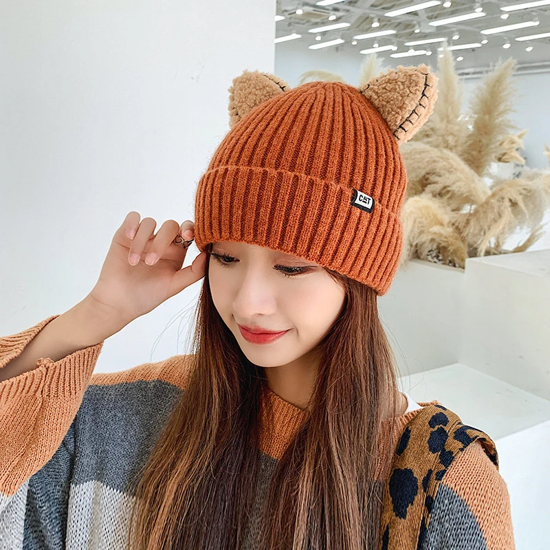 

Cute Hat With Ears Warm Women Knitted Winter Cat Skullies Hat Woman Outdoor Beanies Hat Panama Lady Cap