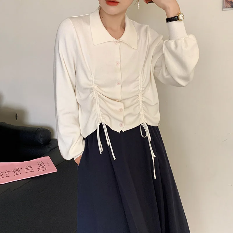

Fashion and Chic All-match Lapel Single-breasted Drawstring Knit + Dark Elastic High Waist Two-piece Skirt Fall 2020 Women