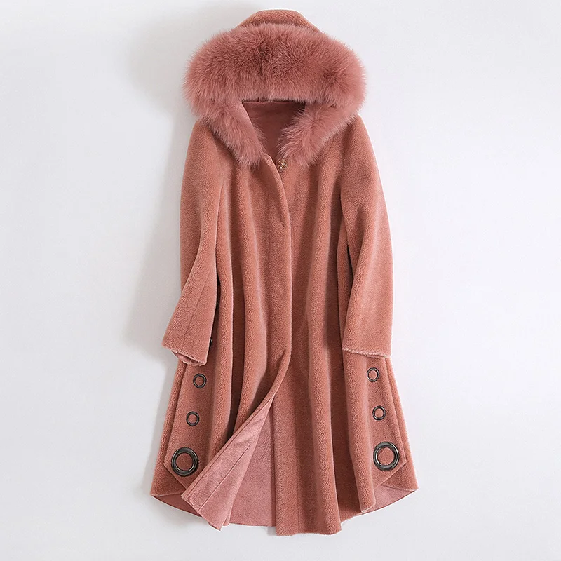 

Женское длинное винтажное пальто, куртка из 2020-ной шерсти с капюшоном и лисьим мехом, зима 100%