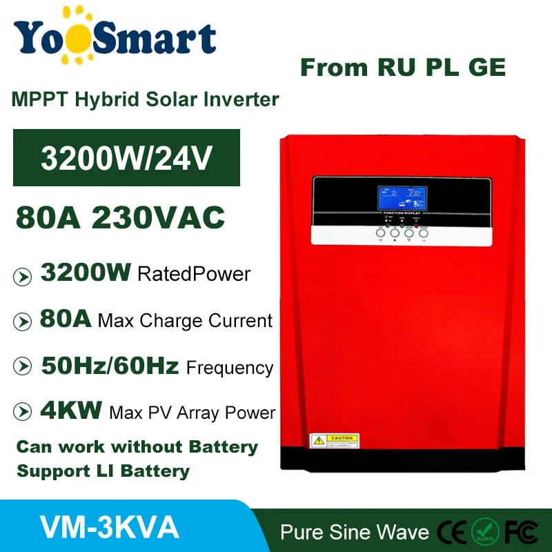 

Солнечное зарядное устройство MPPT 80 А, 3200 Вт, 220 В переменного тока, широкое напряжение, немодулированный Гибридный солнечный инвертор и подд...