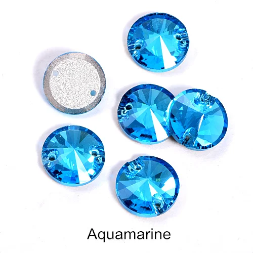 T202-Aquamarine 40pcs AAAAA Quality 12mm Round Rivoli Glass Sew On Rhinestones Flatback Crystal Sewing Strass for DIY Wedding Dress B1248 - Цвет: T202-Aquamarine