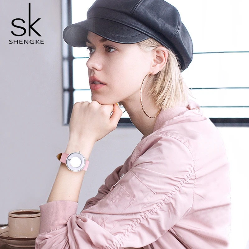 Shengke SK Brand Fashion Women Watches Ladies Creative Mirror Glass Watch Leather Strap Waterproof Quartz Wristwatch Feminine 19