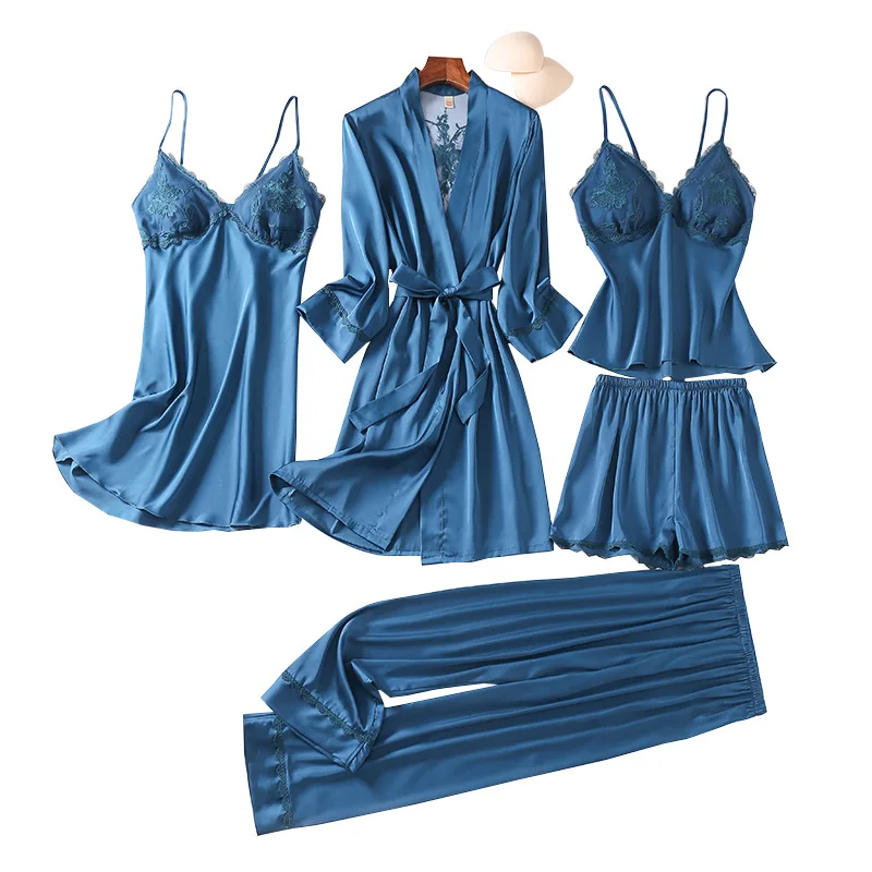 5PCS Faux Silk Women Pajamas Set Solid Sleepwear Shorts Spring Summer Homewear Robe Set Lace Nightdress Sleep Dress Pajama