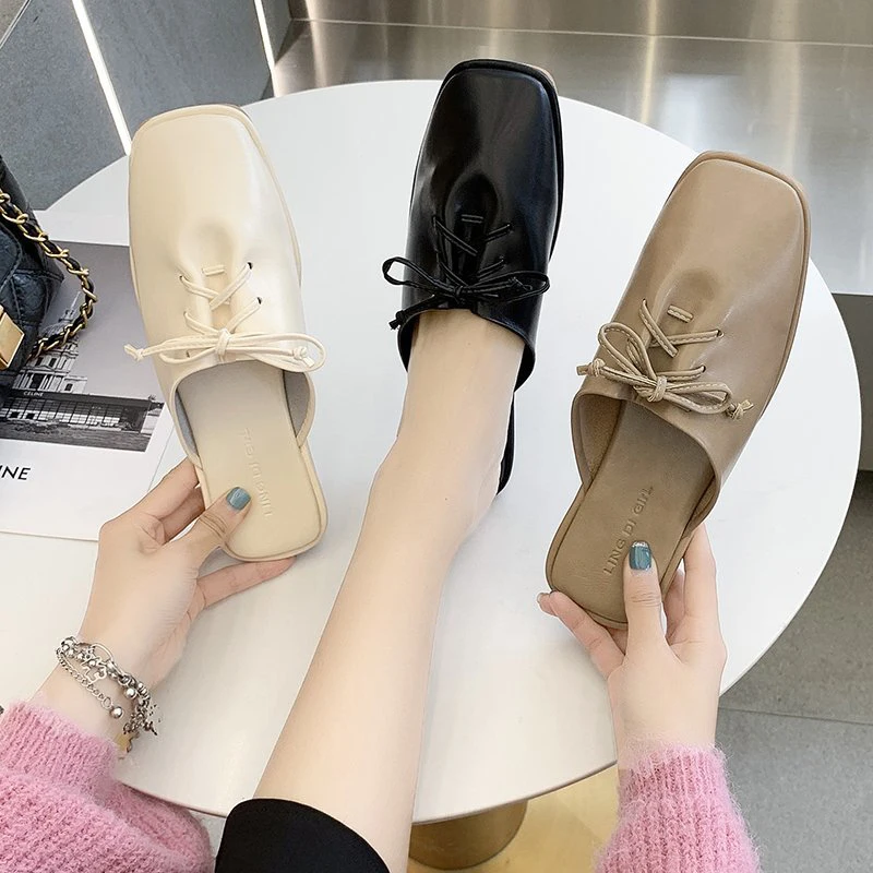 

Cover Toe PU Loafers Shoes Ladies' Slippers Low Slipers Women Female Mule Soft Square 2021 Flat Mules Slides Rubber Basic Lace-U