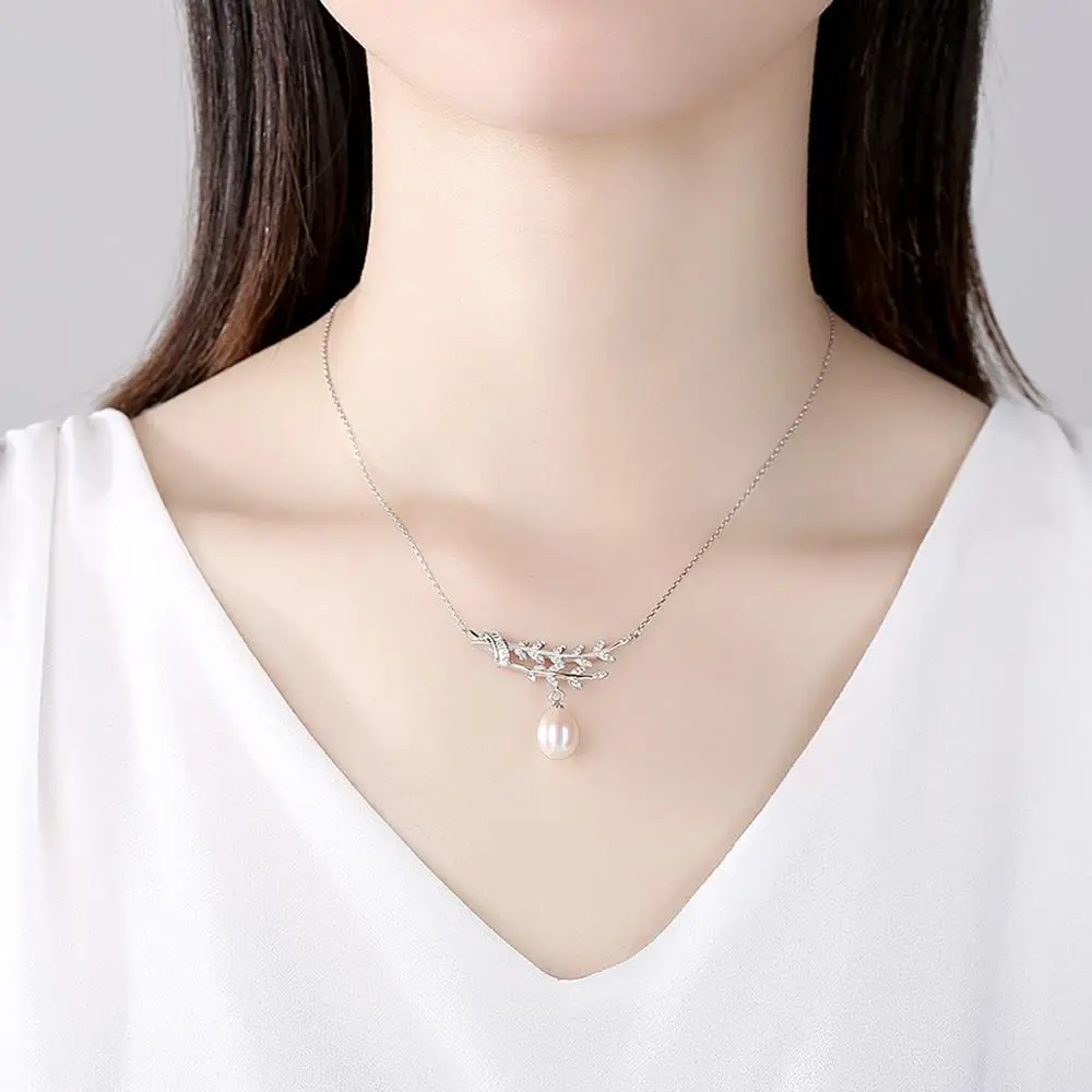 

FXLRY Elegant Natural Pearl Pendant Necklace Branches and leaves White CZ Jewelry for Women Wedding Dating Gift