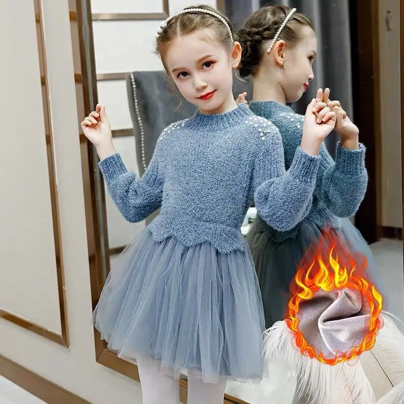 2021 Autumn Winter Children Clothing Girl Princess Party Dress Spring Casual Long Sleeves Lace Dress Warm Girls Dress