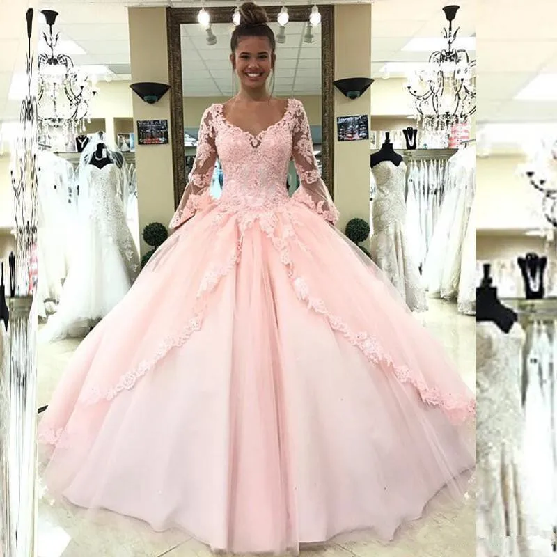 

2020 Hot Sale Vestidos De 15 años Long Sleeves Quinceanera Dresses V Neck Applique Lace Up Back Prom Dress A Line Bride Gowns