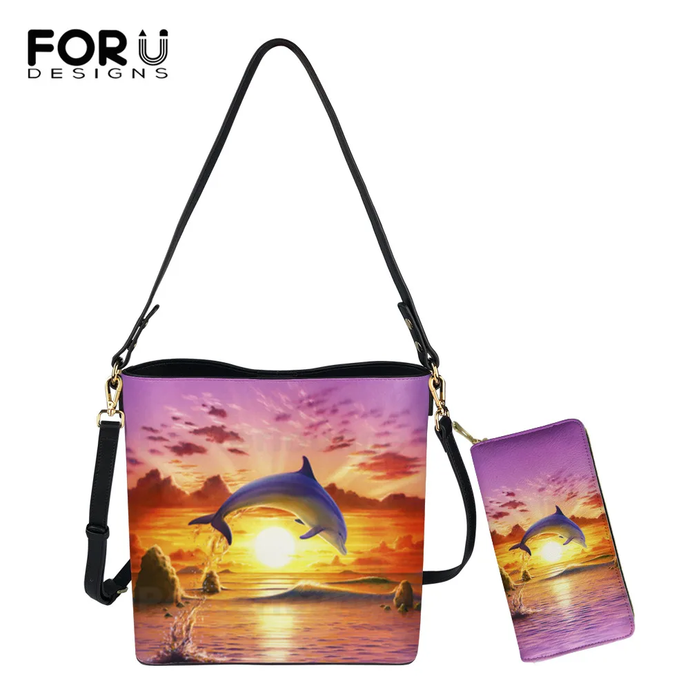 

FORUDESIGNS Day Of The Dolphin Sunset Design Women Luxury PU Leather Handbag Female Big Casual Crossbody Bolsas Girls Bucket Sac