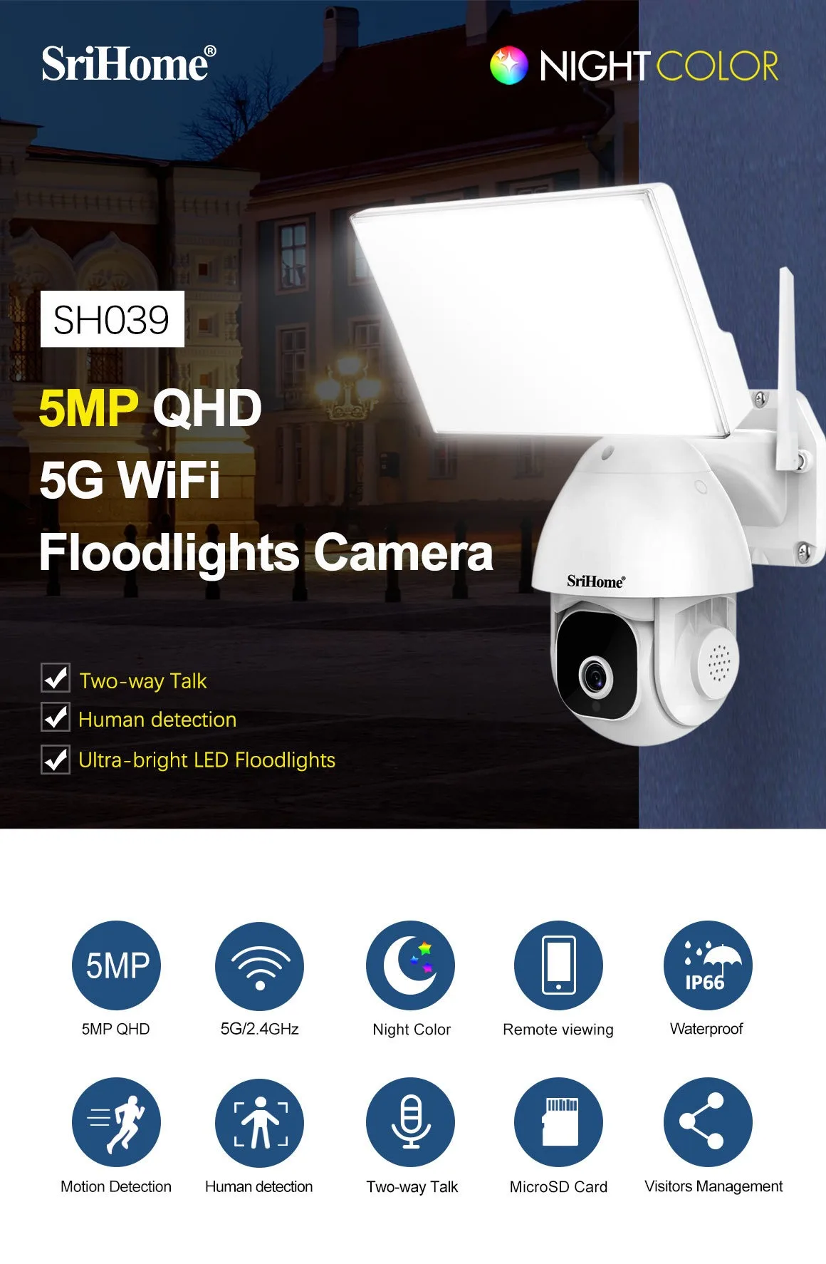Srihome-Lámpara de vigilancia SH039 de 5MP para patio, máquina de bolas 5G de doble banda, WiFi, vigilancia inalámbrica a todo color, ca