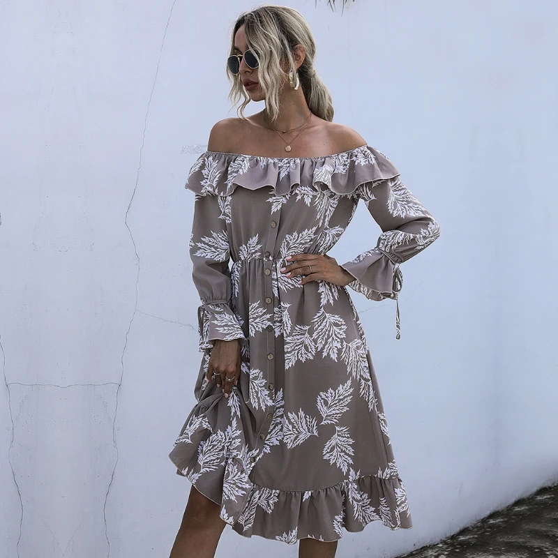 

Women Floral Printed One-neck off Shoulder Dress Long Sleeves Lace-up Ruffled Autumn Summer Beach Midi Skirt Party Sundress BX0A