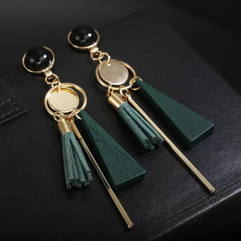 

orean Fashion triangle geometric wood earrings tassel long women earrings Jewelry party Retro earrings