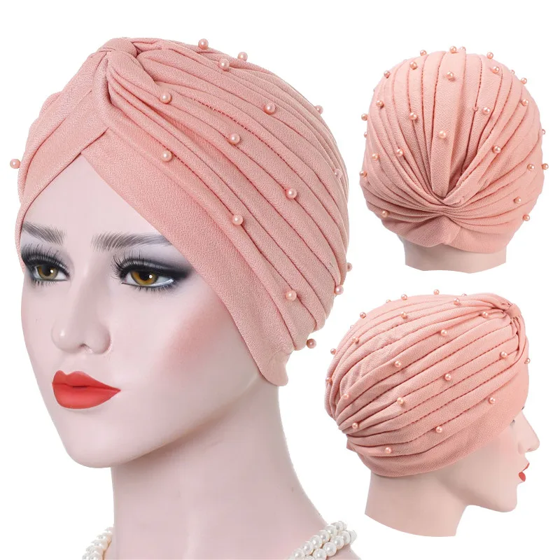 

2020 cotton solid folds pearl muslim turban scarf women islamic inner hijab caps Arab wrap head femme musulman turbante mujer