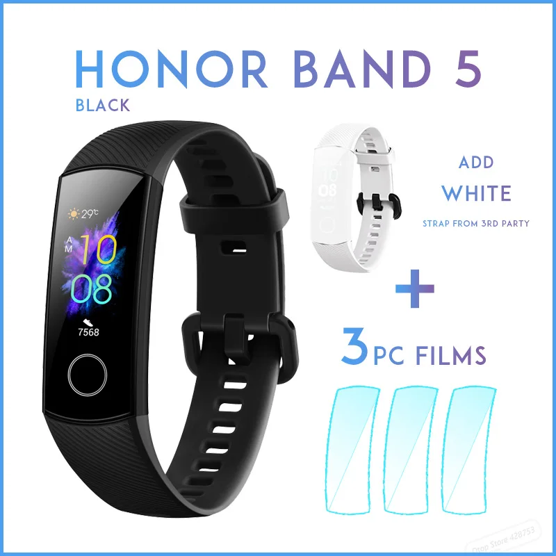 BLK add WHT strap Смарт-браслет huawei Honor Band 5 с кислородом крови, цветной сенсорный экран, монитор сердечного ритма, сна, сна - Цвет: BLK add WHT strap