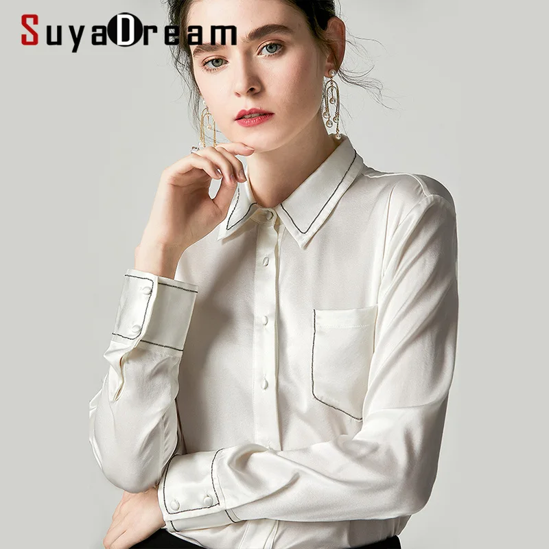 Блузка SuyaDream Женская однотонная Офисная рубашка из 100% шелка с длинным рукавом