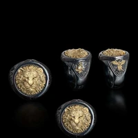 fashion creative mens gold plated two color ring domineering creative lion head bright black sub gold animal pattern jewelry