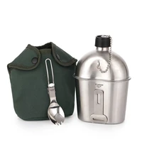 tiartisan outdoor army stainless steel canteen military lunch box with cup and green nylon cover for camping hiking