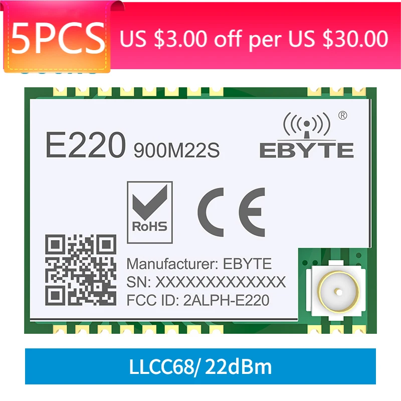 

5pcs LLCC68 LoRa Spread Spectrum Wireless Module 868Mhz 915Mhz cojxu E220-900M22S Long Range 6KM 22dbm IPEX /Stamp hole Antenna