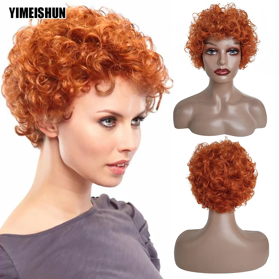 Perucas de Cabelo Corte para Preto Barato Curto Humano Pixie Feminino Remy Encaracolado Brasileiro Peruca Laranja Cabelo Glueless Completa Máquina Feita Perucas