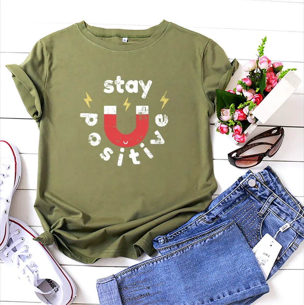 

Summer Women T Shirt Cotton Plus Size S- 5XL Stay Positive Magnet Graphic O-Neck Short Sleeve Tshirts Casual Tees Tops Women