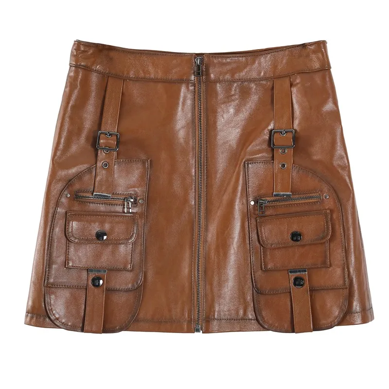 

Leather Vintage Genuine Skirts Women Safari Style High Waist A Line Cargo Skirts Design Pocket Streetwear Ladies Sheepskin Skirt