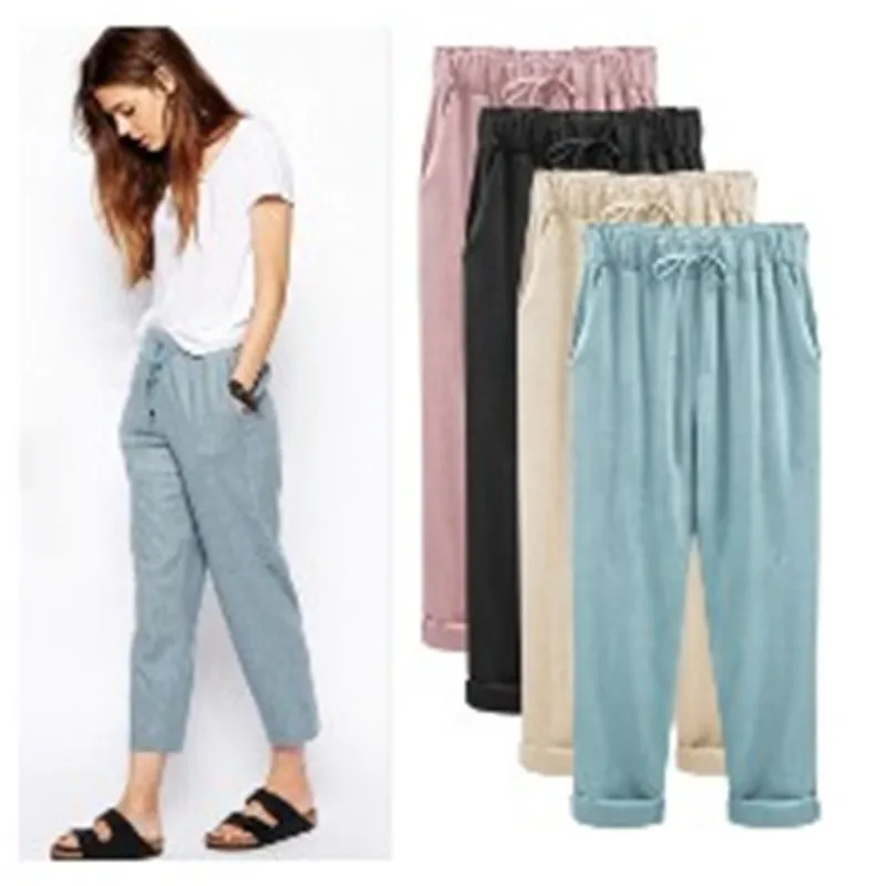 Женские свободные штаны шаровары эластичная талия длина по щиколотку хлопковые