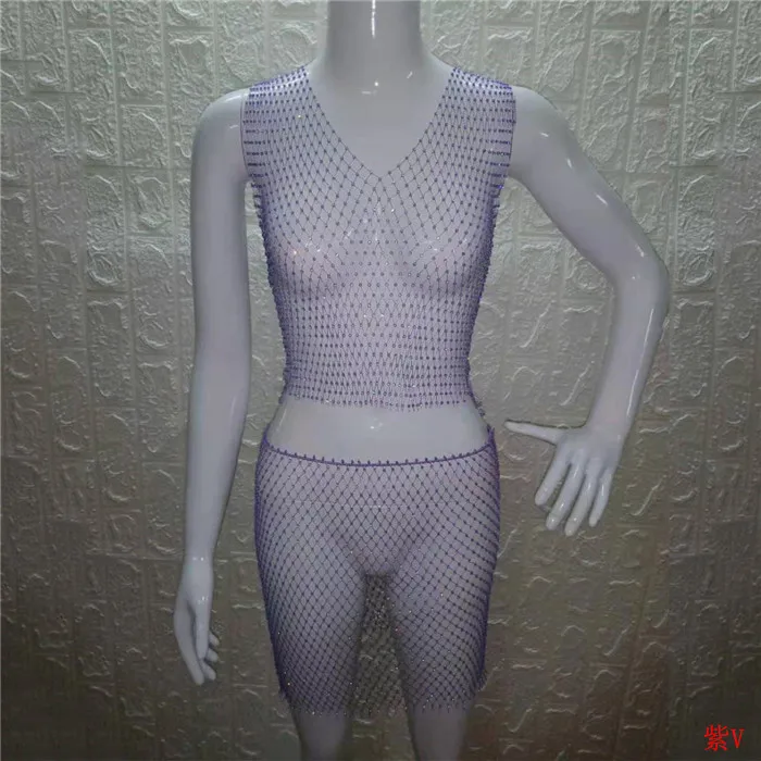 purple V-neck Блестящие Кристальные Стразы, женская одежда, сетчатые Прозрачные топы, клетчатые сексуальные мини юбки, летний комплект из 2 предметов, Клубные, трендовые - Цвет: purple V-neck