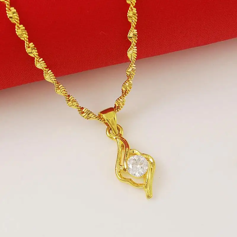 Pure Gold 24K Necklace Electroplating Zircon Crystal Pendant 2MM46CM Water Wave For Women's Wedding Jewelry G | Украшения и