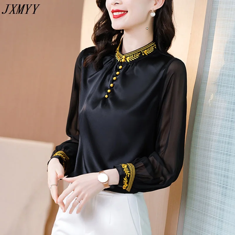 Рубашка JXMYYY Женская атласная шелковая с длинным рукавом блузка вышивкой и