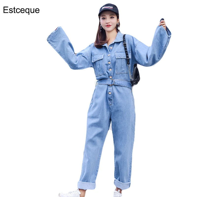 Женский джинсовый комбинезон с завышенной талией и широкими штанинами|Женские