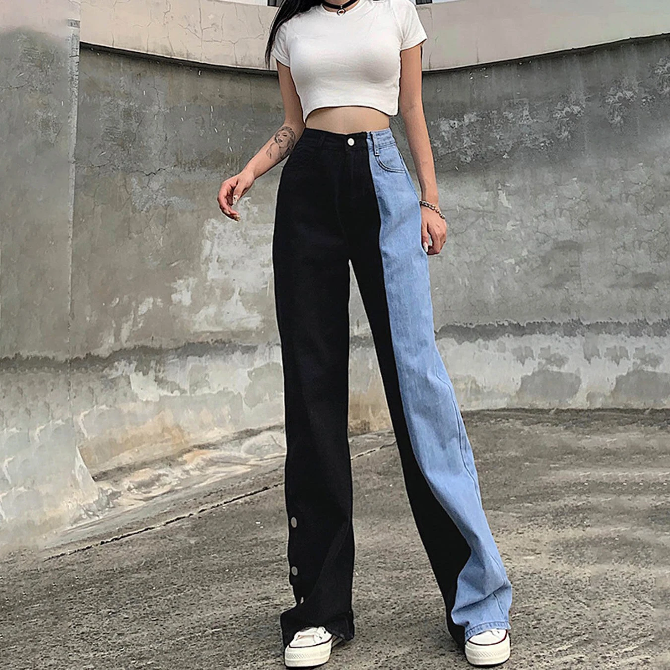 

Autumn Fashion Women's Colorblock Wide Leg Jeans Streetwear Boyfriend Denim Cargo High Waist Baggy Oversize Straight Pants