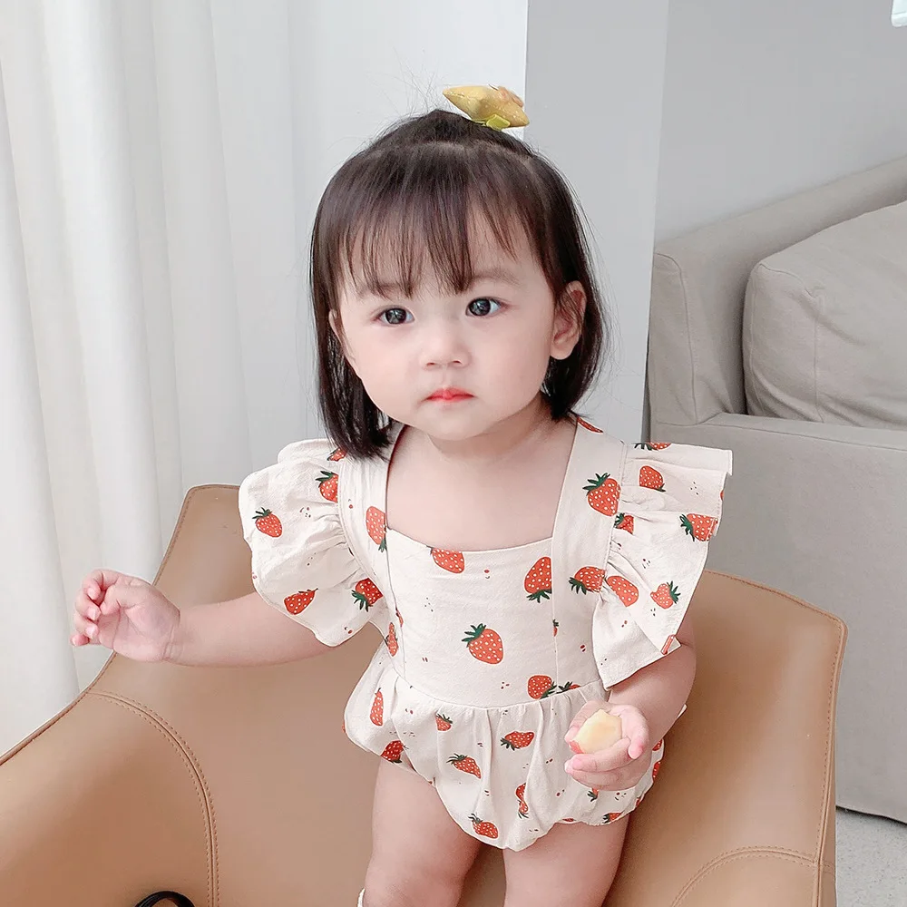 Боди для новорожденных комбинезон с клубничками лето принтом гофрированное