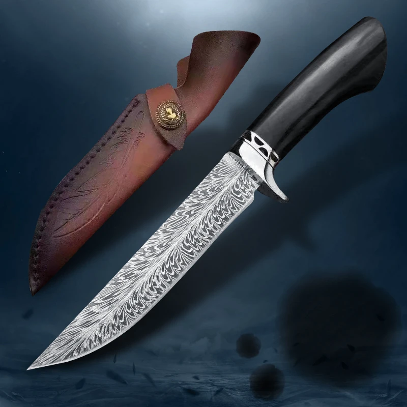

5 chrome stainless steel corrosion feather pattern hunting knife manual fixed knife ebony handle outdoor survival knife tool