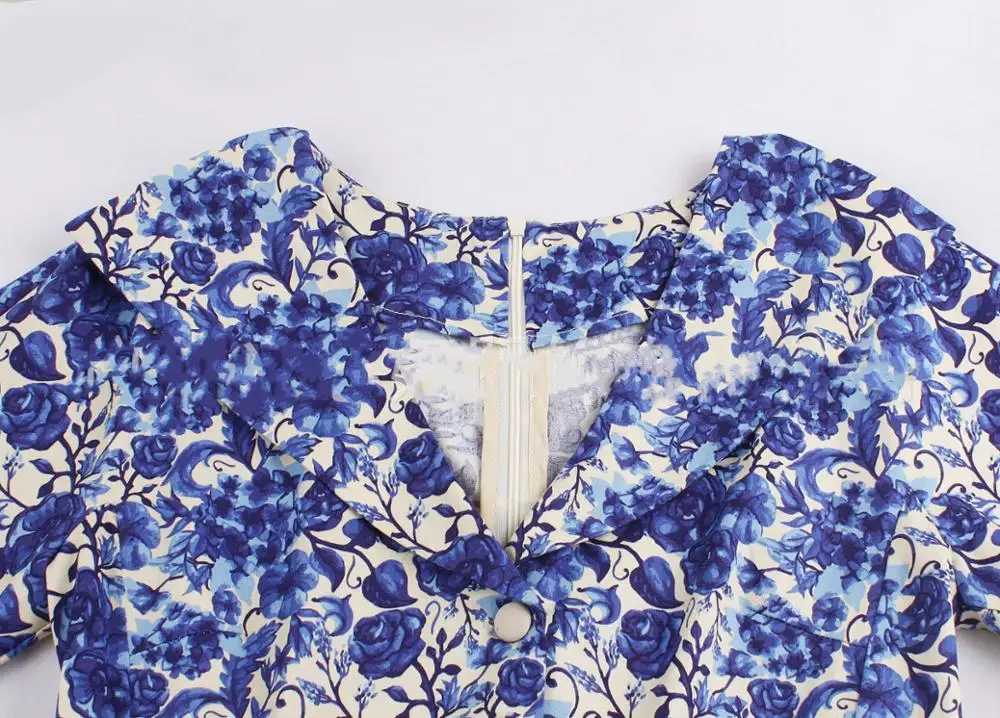 

Fashion Simple Style Women Dress Summer Women's Dress Blue And White Porcelain Print Retro V-Neck Dress Mid-Length Skirt