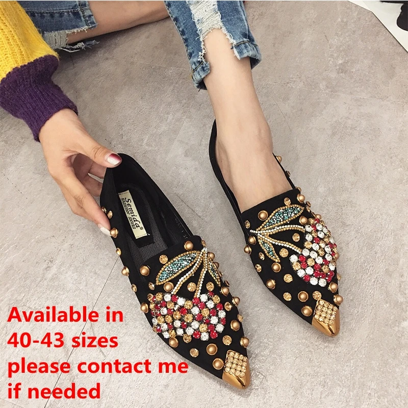 

SWONCO 43 Size Flats Shoes Women Summer Loafers Rhinestone Cherry 2020 Spring New Female Slip On Pointed Toe Flats Shoes Nice