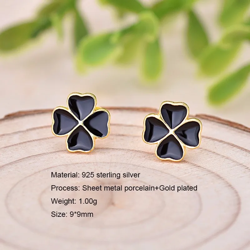 Черные серьги с четырехлистным клевером гвоздики из стерлингового серебра S925
