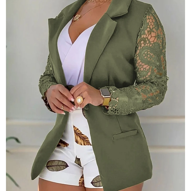

Куртка Wepbel с длинным рукавом на одной пуговице, однотонная, верхняя одежда, модный кружевной Блейзер, пальто, женские зеленые кружевные Осен...