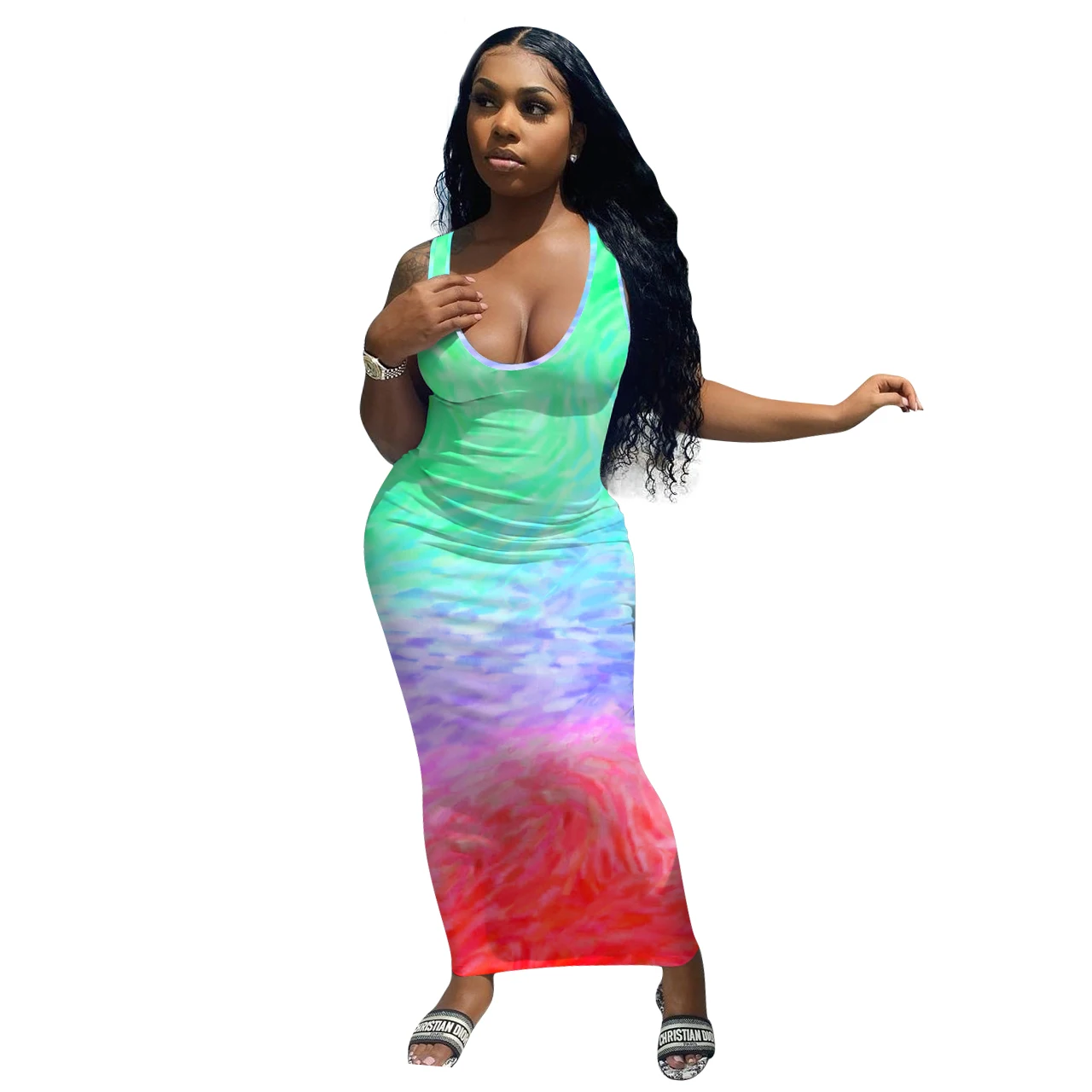 

Vest Dress Gradient Print and Ankle Skinny Dress Summer Sexy Deep V-neck Sleeveless Party Casual Dress Undefined Plus Size