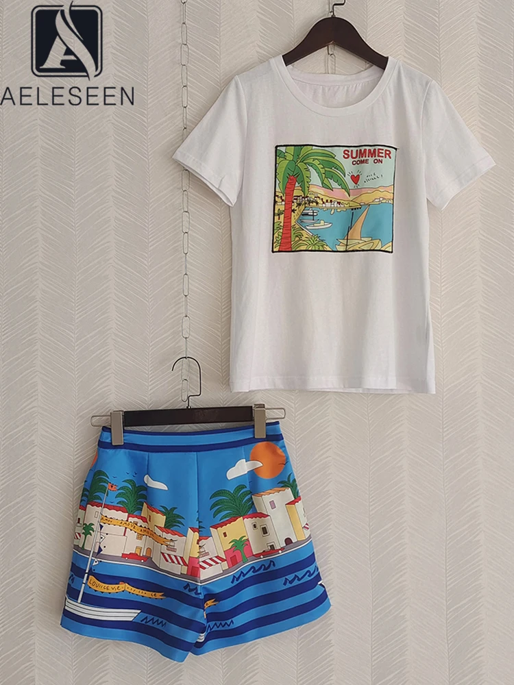 

AELESEEN Women Summer 2 Pieces Set 2022 Runway Fashion Printed Cotton White T-Shirt + Casual Shorts Skirts Blue Cartoon Suit