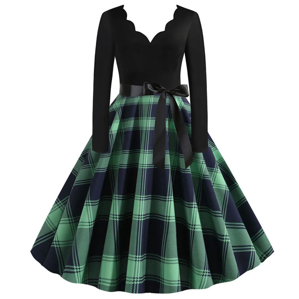 Модное женское зимнее платье с длинным рукавом зеленое в клетку женские вечерние
