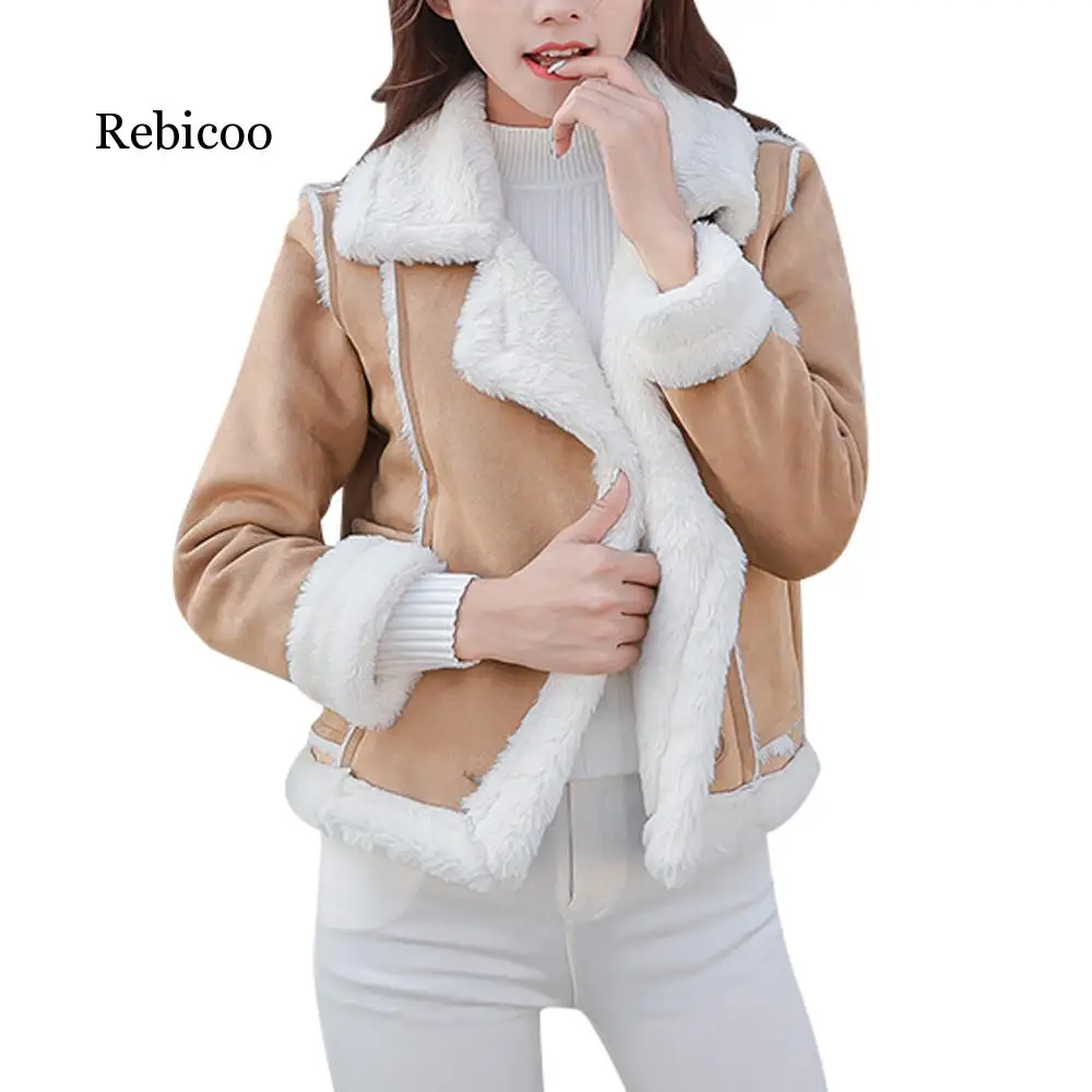 Осенне-зимняя женская Байкерская Плюшевая и замшевая Меховая куртка с карманами